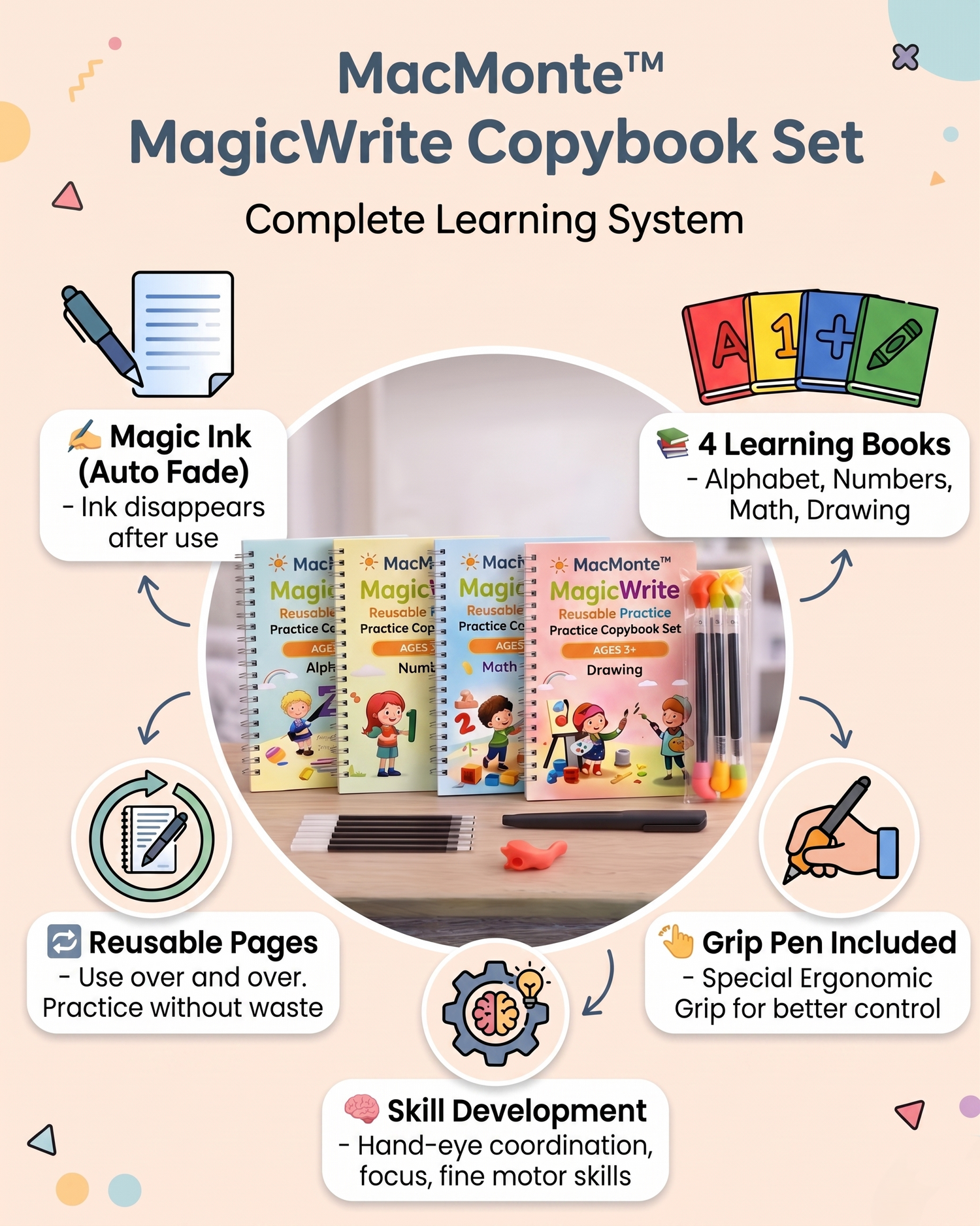 Magic Reusable Copybook set (10 Refill+magic pen with holder)