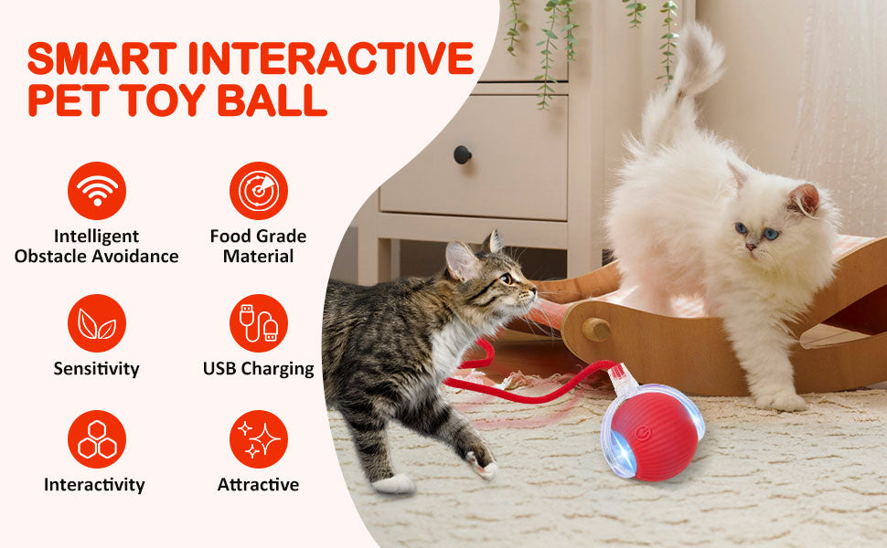 Smart Self-Moving Cat Toy Ball — Interactive LED Rolling Ball with Tail